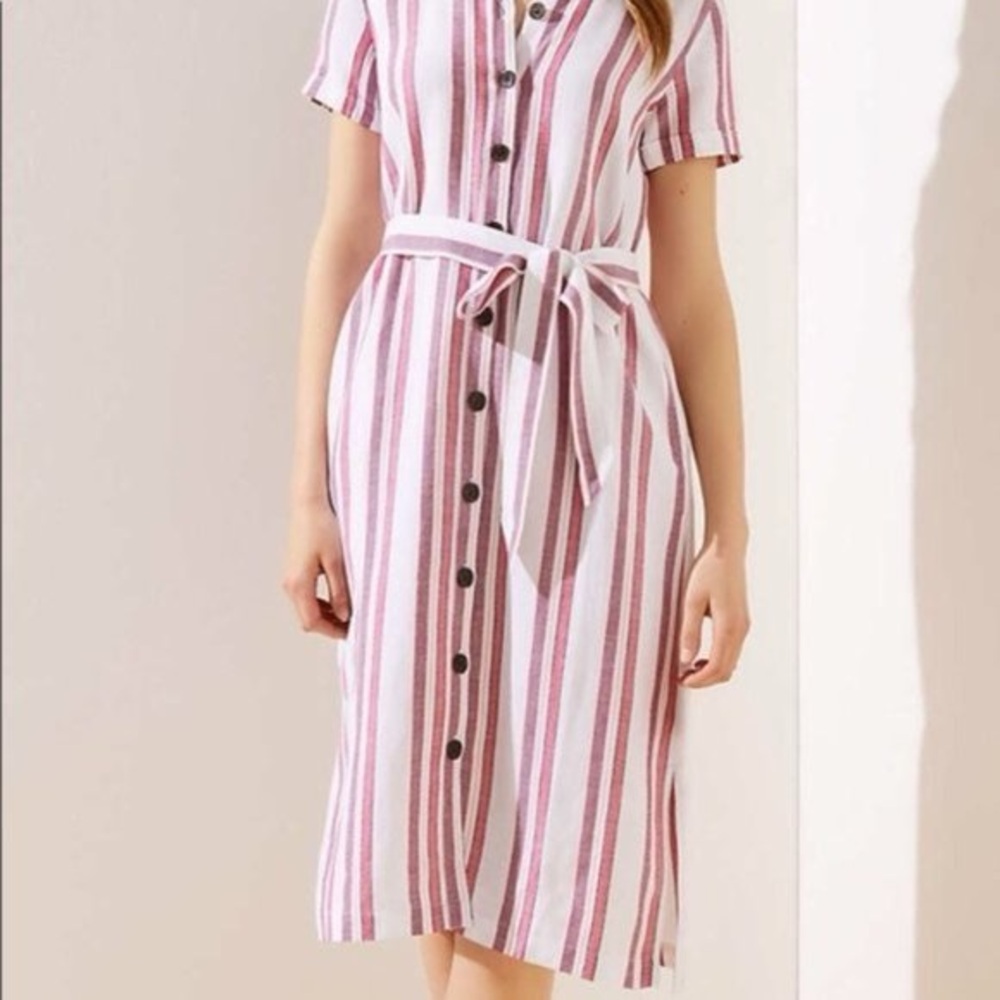 LOFT Pink and White Striped Midi Dress